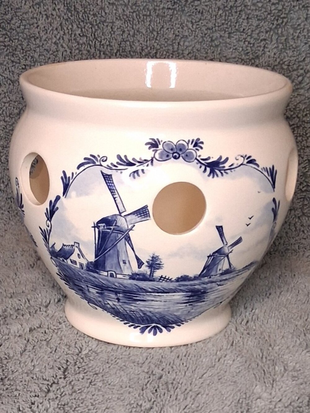 Vt'g Delft Blue Ceramic Bulb Pot Planter | Holland Windmill Sailboat | Breck's